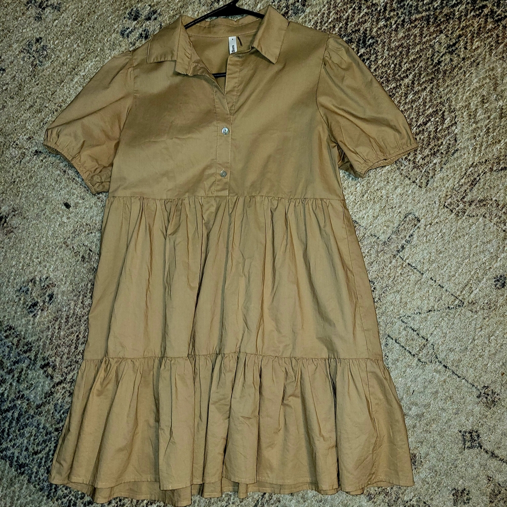 Chic Tan Tiered Button-Up Dress